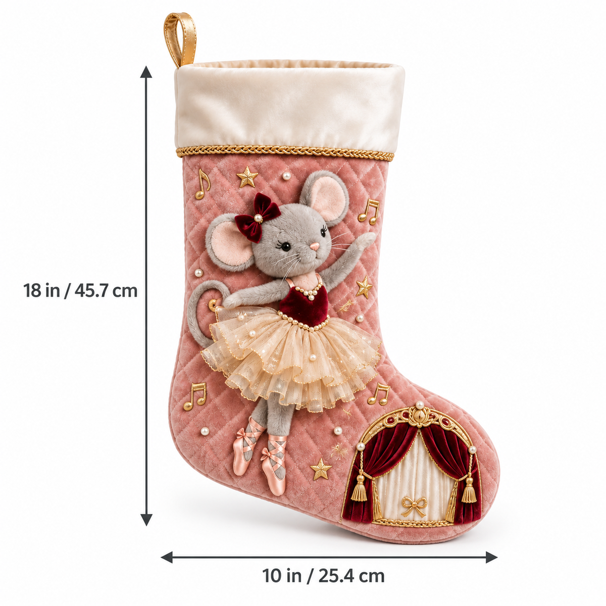 Christmas Ballet Mouse Quilted Velvet Stocking