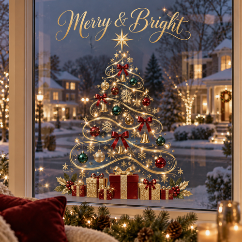 Merry & Bright Christmas Tree Window Decal