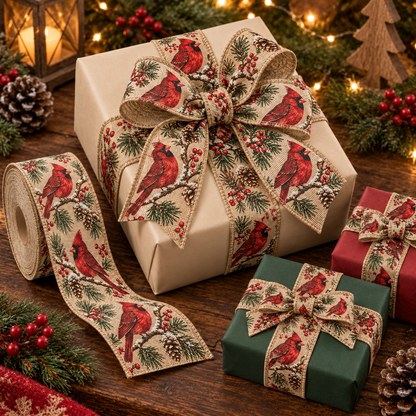 Cardinal Christmas Wired Burlap Ribbon