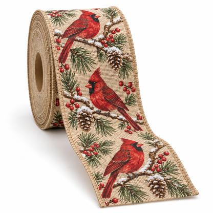 Cardinal Christmas Wired Burlap Ribbon