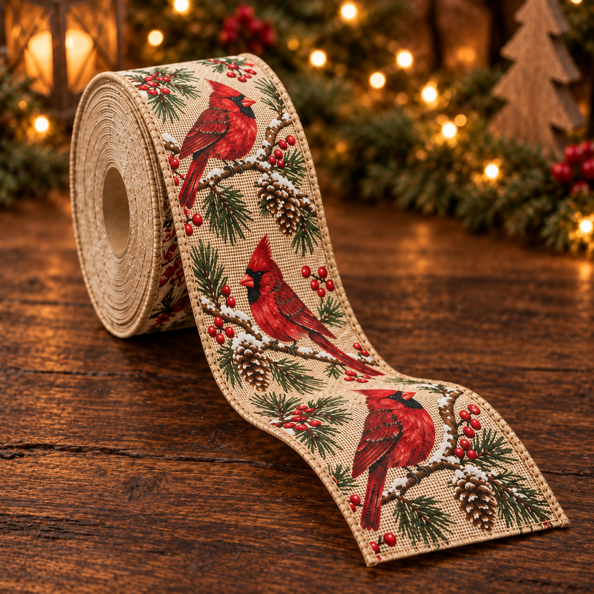 Cardinal Christmas Wired Burlap Ribbon