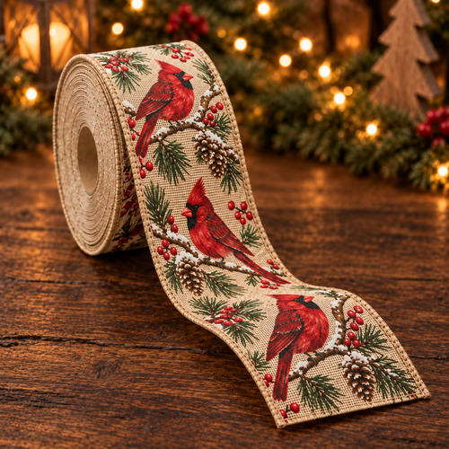 Cardinal Christmas Wired Burlap Ribbon