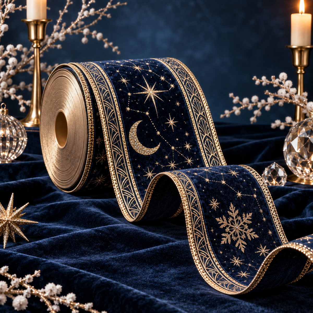 Midnight Celestial Velvet Wired Christmas Ribbon