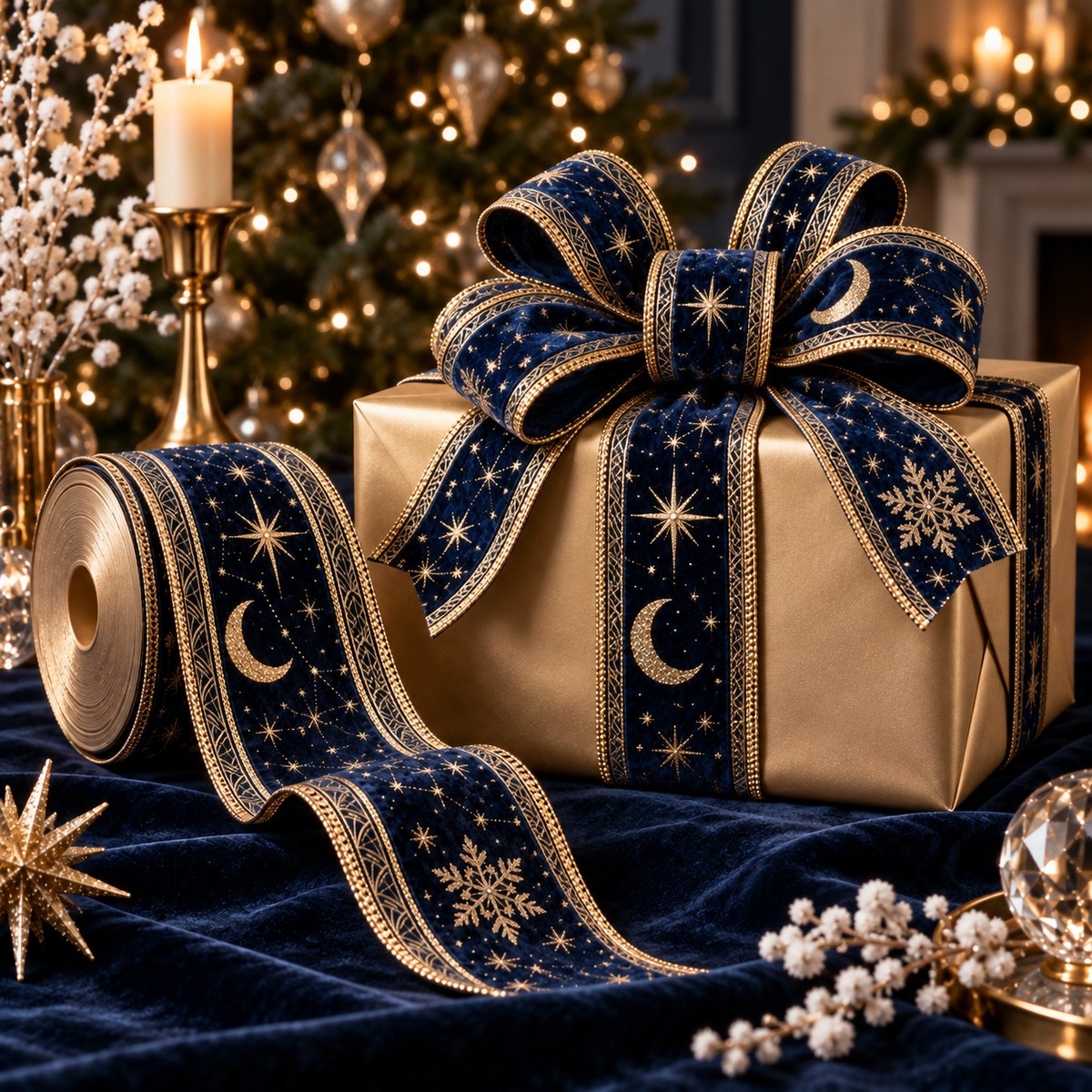 Midnight Celestial Velvet Wired Christmas Ribbon