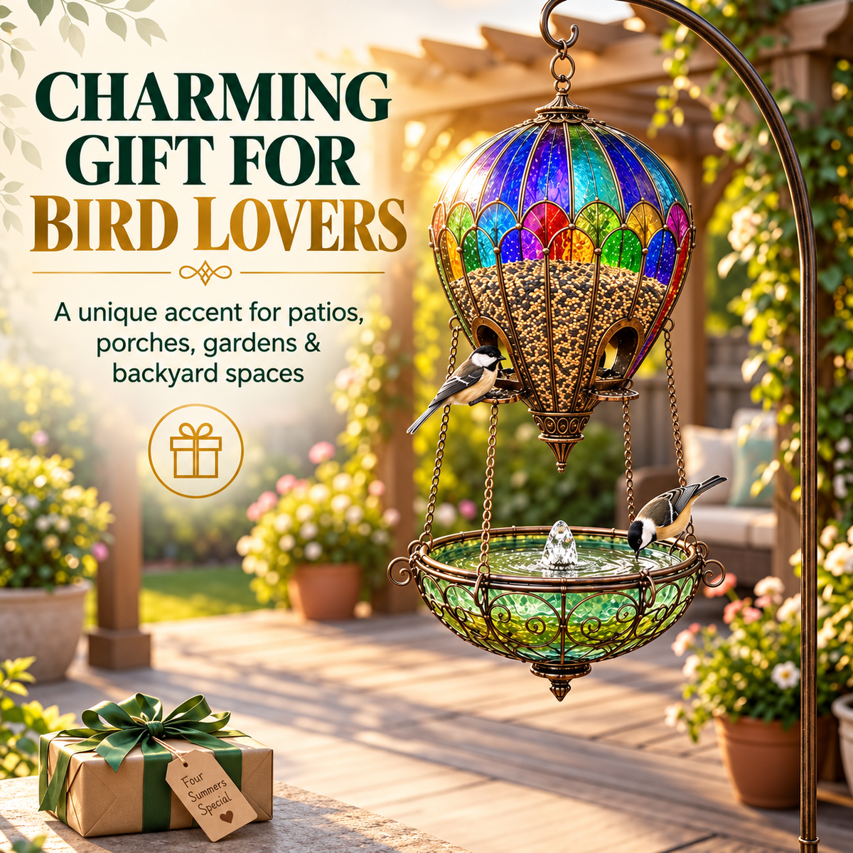 Stained Glass Hot Air Balloon Bird Feeder and Fountain