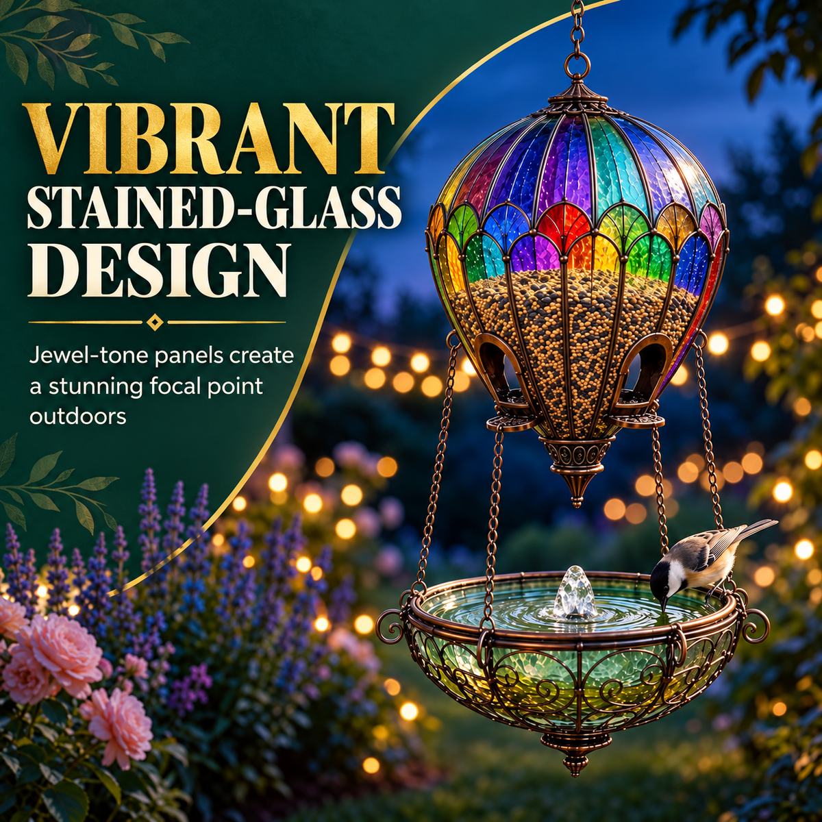 Stained Glass Hot Air Balloon Bird Feeder and Fountain