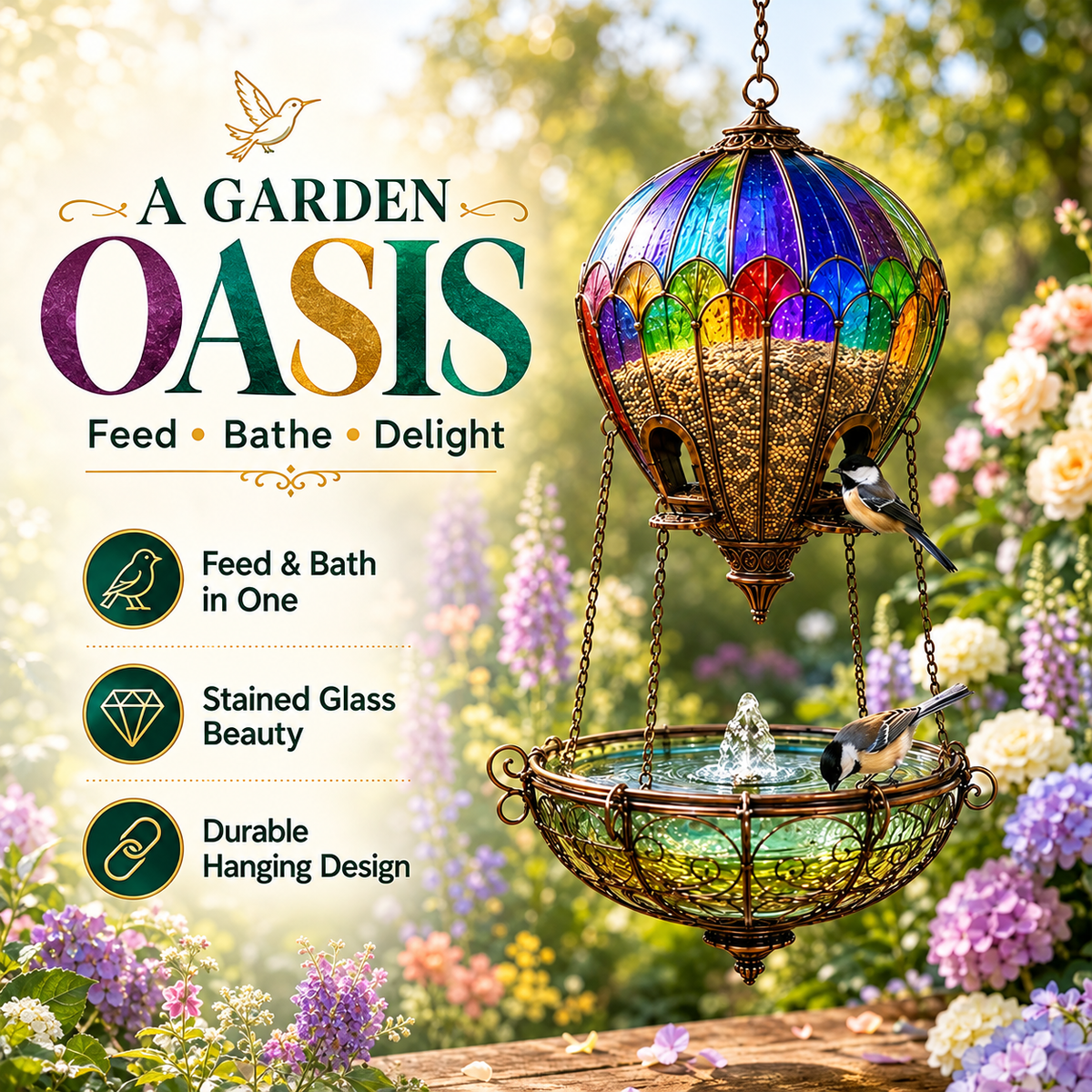 Stained Glass Hot Air Balloon Bird Feeder and Fountain
