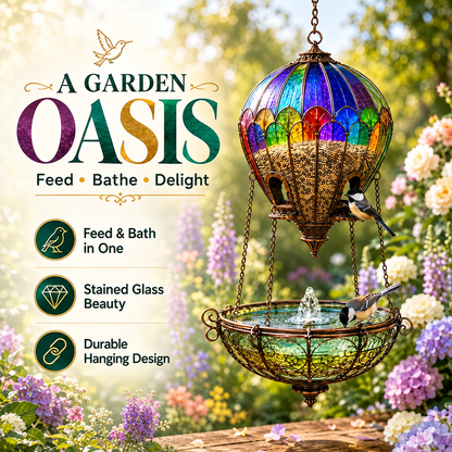 Stained Glass Hot Air Balloon Bird Feeder and Fountain