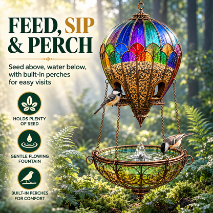 Stained Glass Hot Air Balloon Bird Feeder and Fountain
