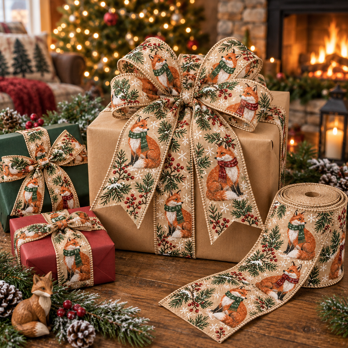 Winter Fox Wired Burlap Christmas Ribbon