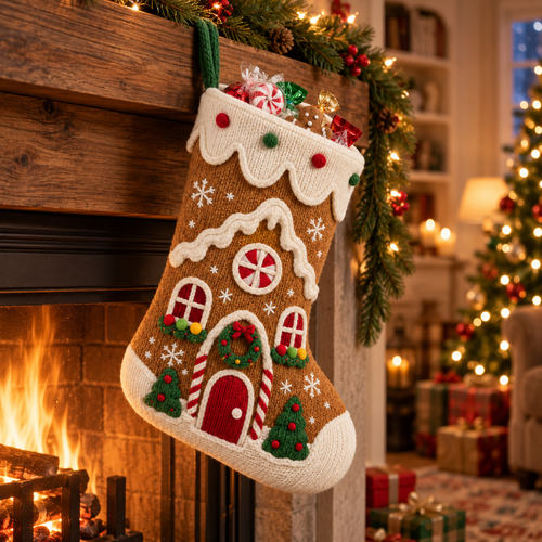Gingerbread House Knitted Christmas Stocking