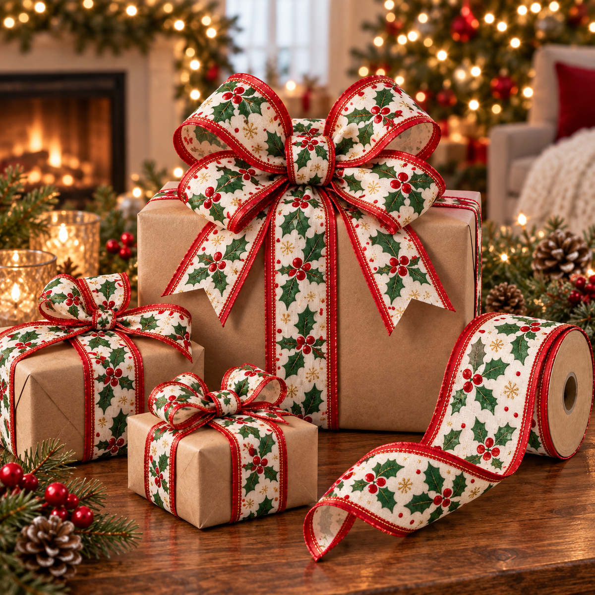 Holly Berry Wired Christmas Ribbon