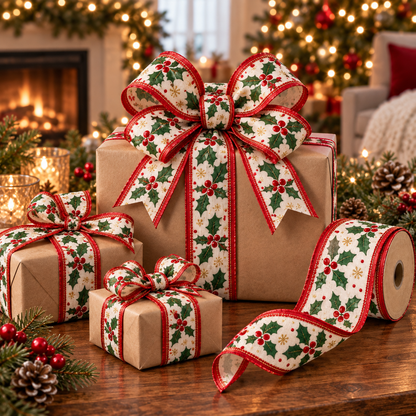Holly Berry Wired Christmas Ribbon