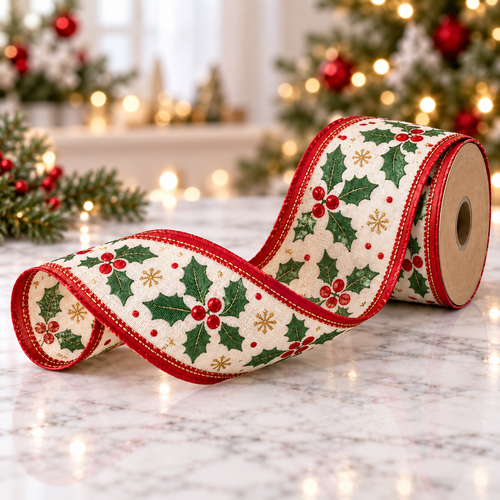 Holly Berry Wired Christmas Ribbon