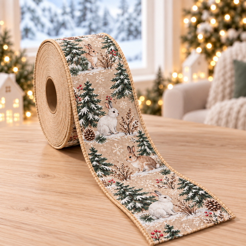 Snowy Forest Rabbit Wired Christmas Burlap Ribbon