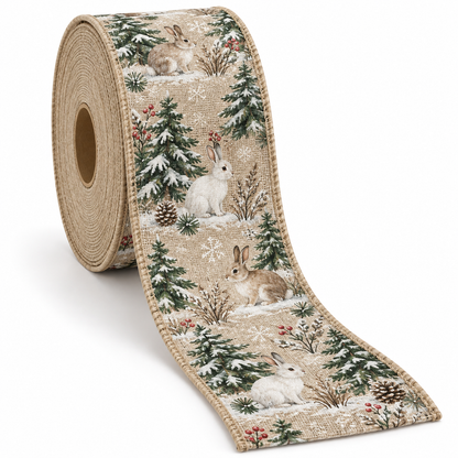 Snowy Forest Rabbit Wired Christmas Burlap Ribbon