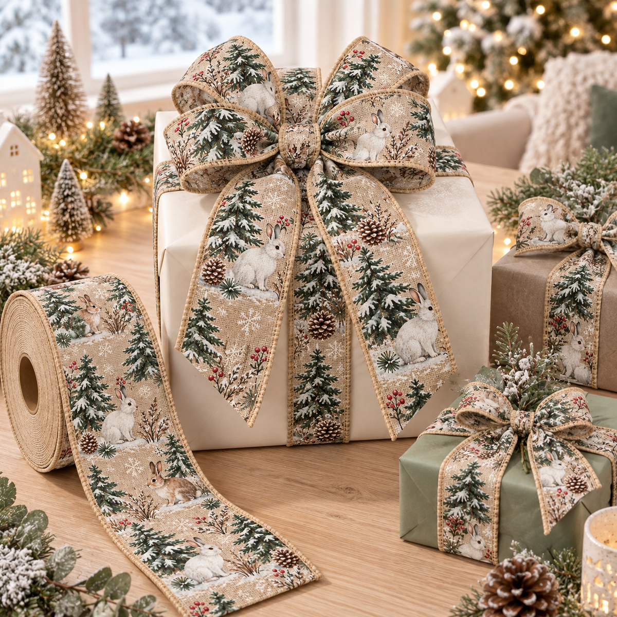 Snowy Forest Rabbit Wired Christmas Burlap Ribbon