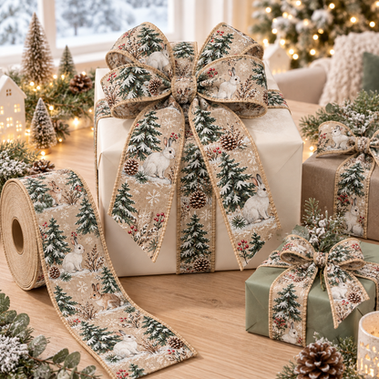 Snowy Forest Rabbit Wired Christmas Burlap Ribbon