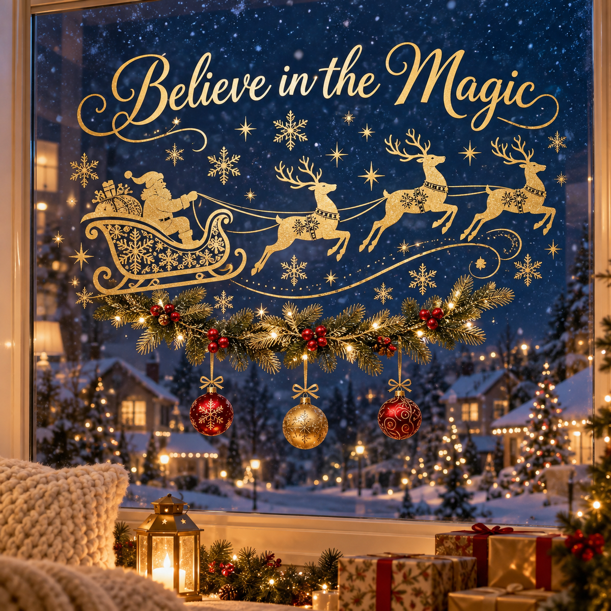 Believe in the Magic Santa & Reindeer Christmas Window Decal