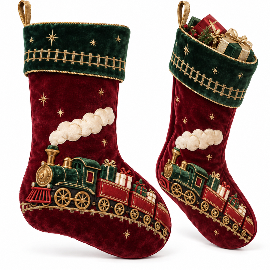 Vintage Christmas Train Velvet Stocking