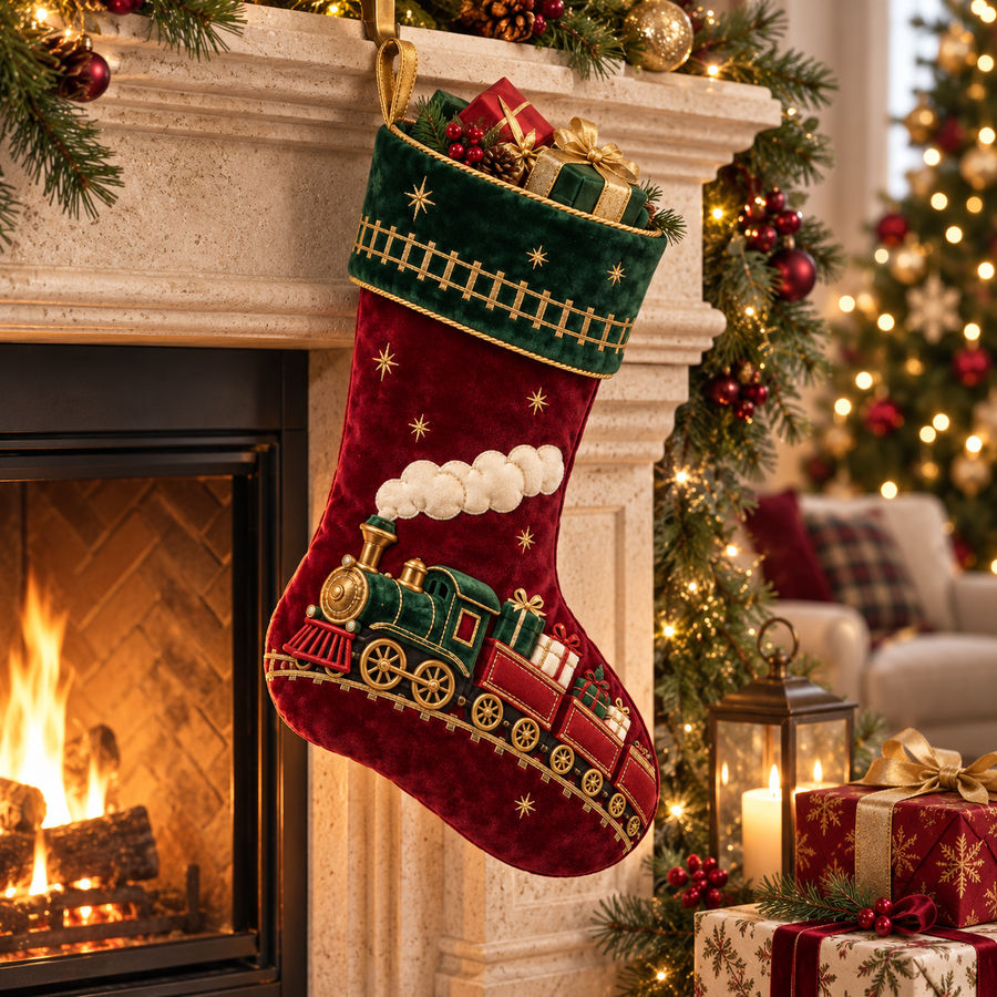 Vintage Christmas Train Velvet Stocking