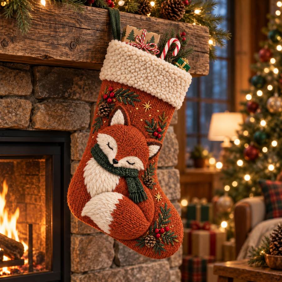Woodland Fox Knitted Christmas Stocking