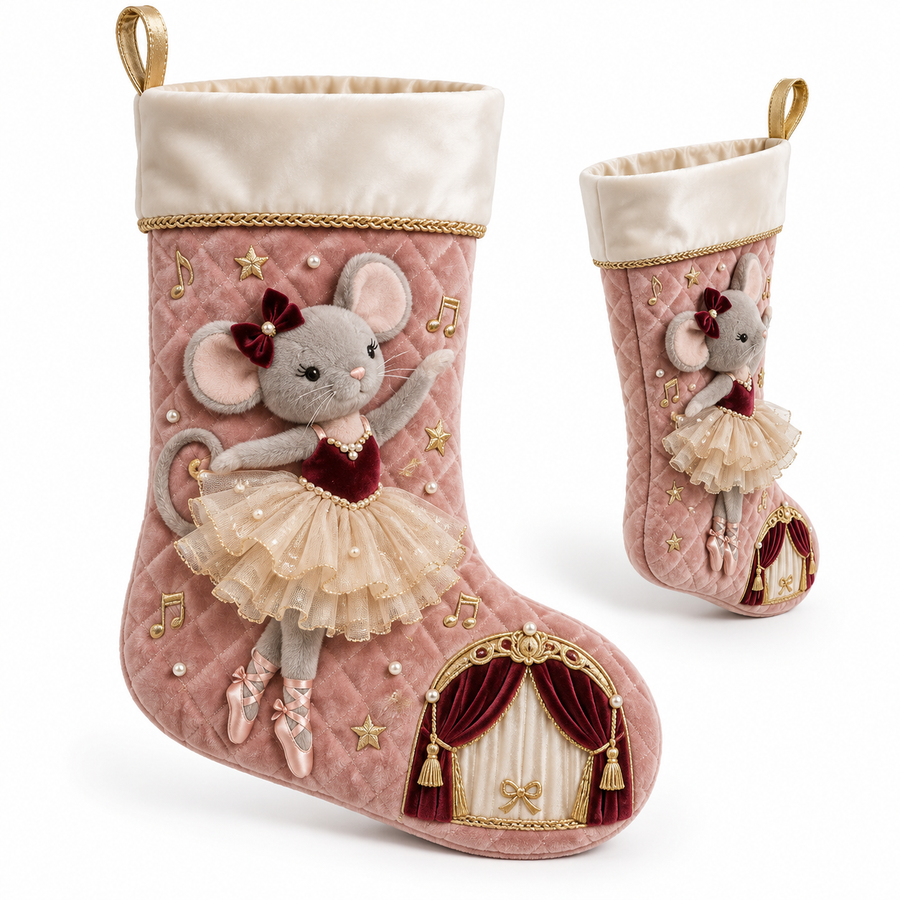 Christmas Ballet Mouse Quilted Velvet Stocking
