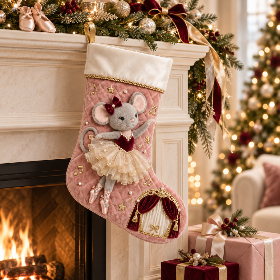 Christmas Ballet Mouse Quilted Velvet Stocking