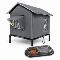 Gray Cat House + Double Bowl