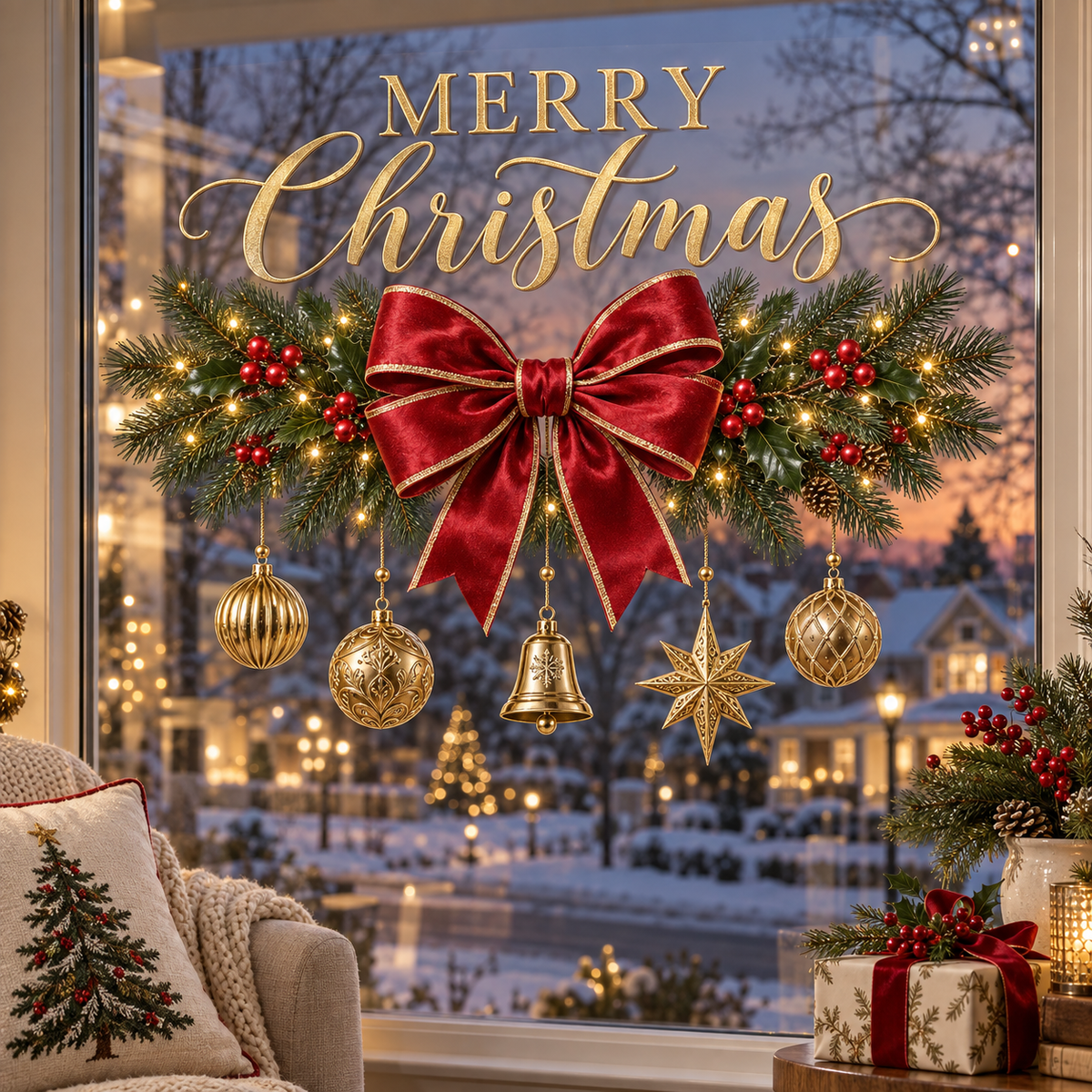 Merry Christmas Bow Window Decal