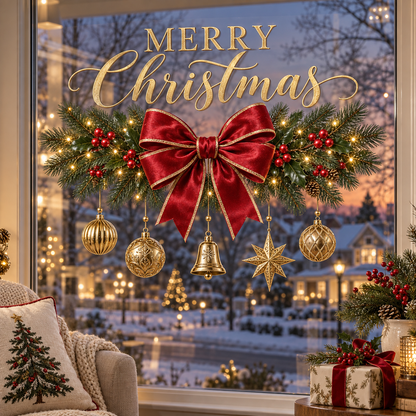 Merry Christmas Bow Window Decal