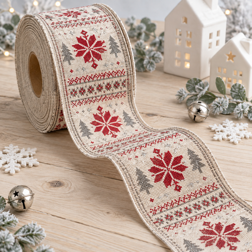 Nordic Snowflake Wired Christmas Burlap Ribbon
