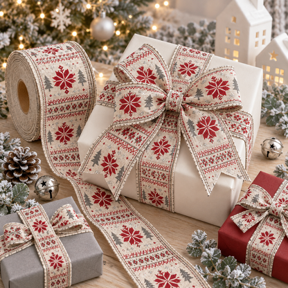 Nordic Snowflake Wired Christmas Burlap Ribbon