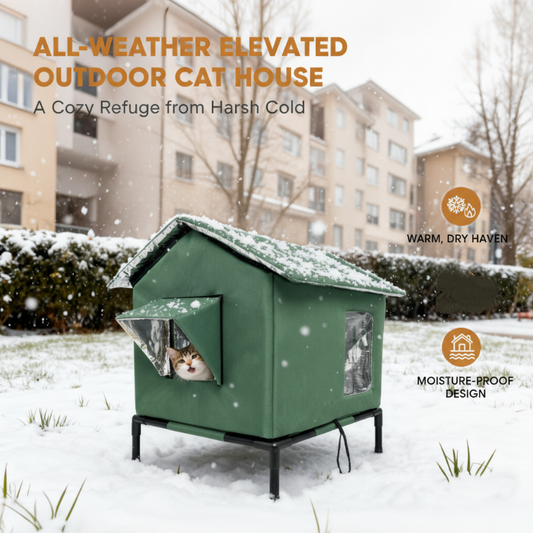 🐈 All-Weather Elevated Outdoor Cat House – Waterproof Oxford Cloth, Thermal Aluminum Lining & Foldable Design