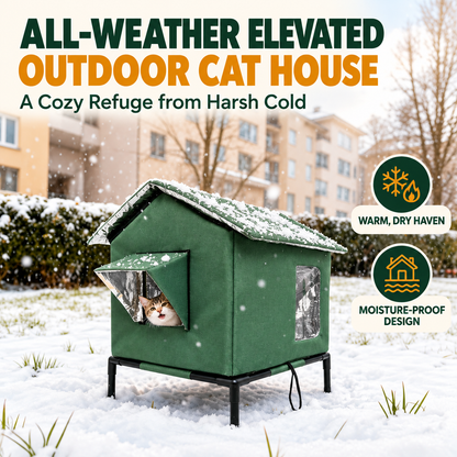 🐈 All-Weather Elevated Outdoor Cat House – Waterproof Oxford Cloth, Thermal Aluminum Lining & Foldable Design