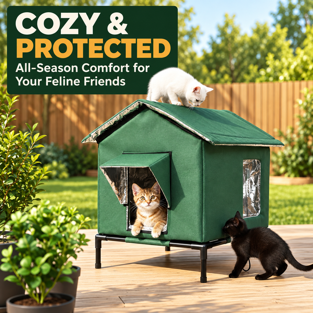 🐈 All-Weather Elevated Outdoor Cat House – Waterproof Oxford Cloth, Thermal Aluminum Lining & Foldable Design