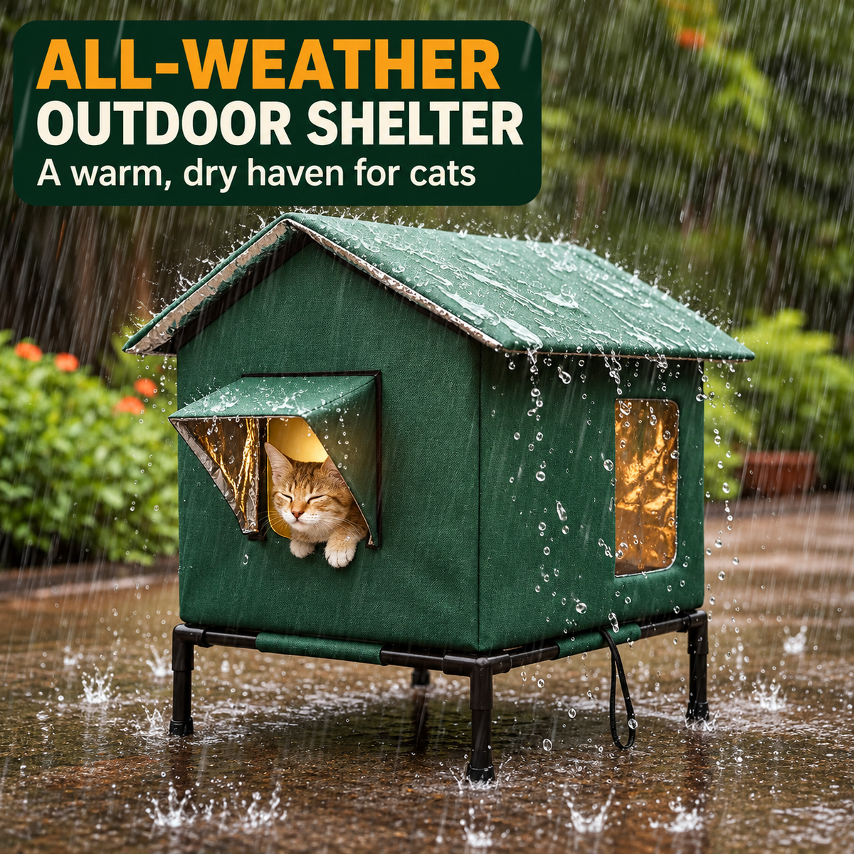 🐈 All-Weather Elevated Outdoor Cat House – Waterproof Oxford Cloth, Thermal Aluminum Lining & Foldable Design